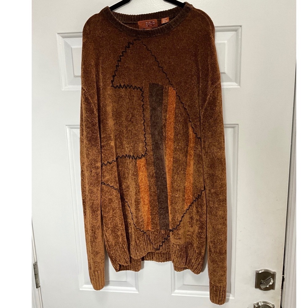 Prestige Mens 2XL Chenille Sweater Brown Abstract Geometric Pullover Vintage
